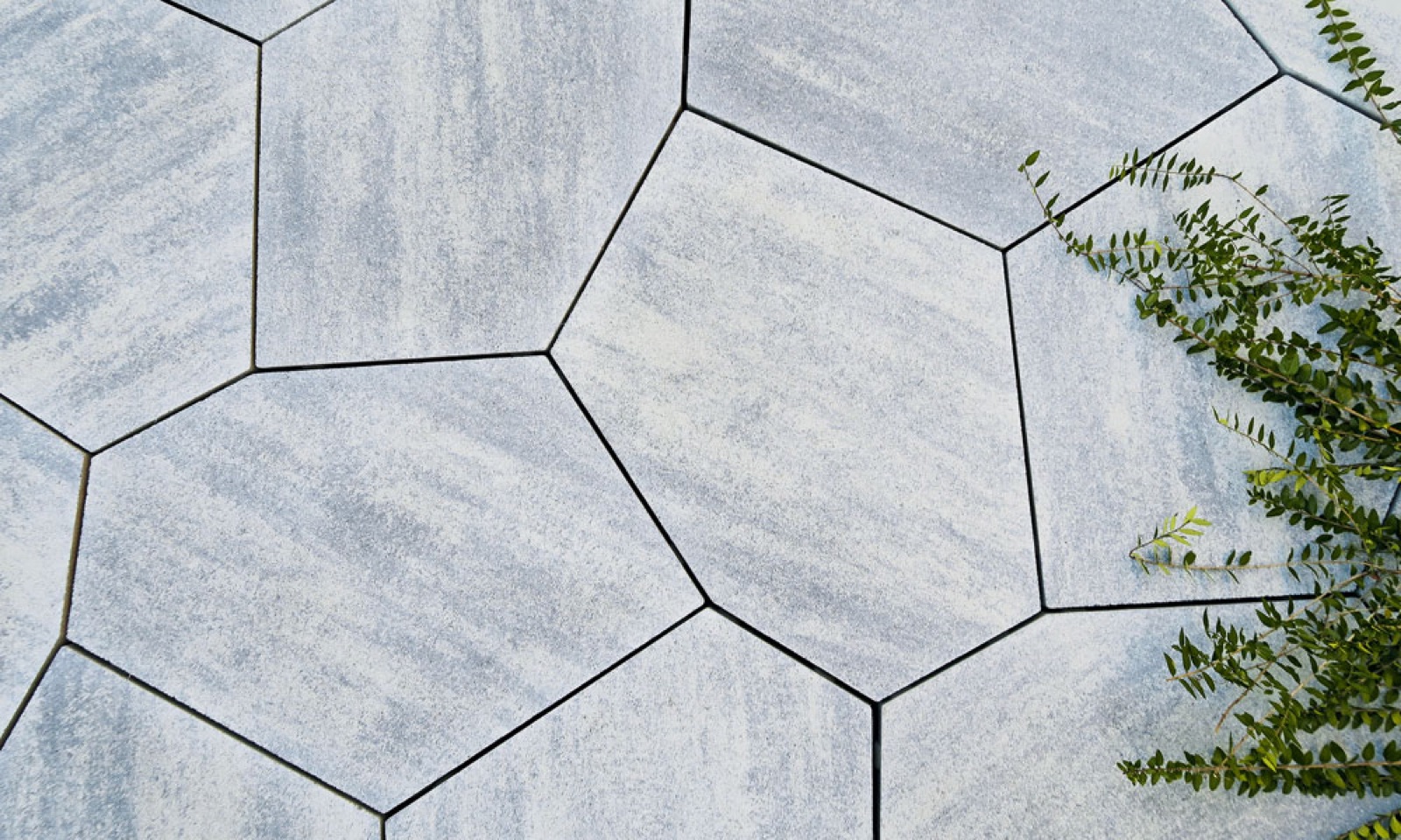 Close-up of PENTA five-sided pavers in mottled blue-grey beside planting