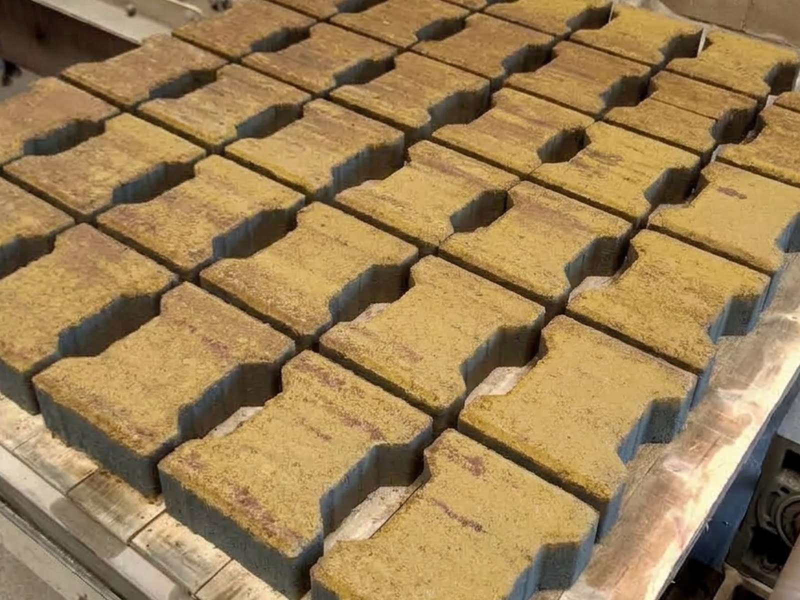 Freshly pressed SUPER I-SHAPE pavers in a mustard colour mix stacked on a pallet at the factory