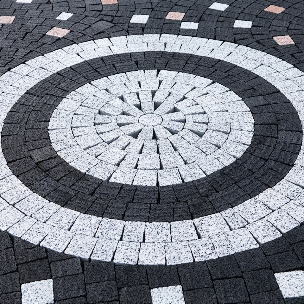 VILLAGIO cobble medallion with white fan rings set inside a black cobble circle