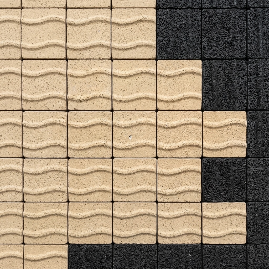 VILLAGIO pavers with a wave-textured beige face laid alongside black units