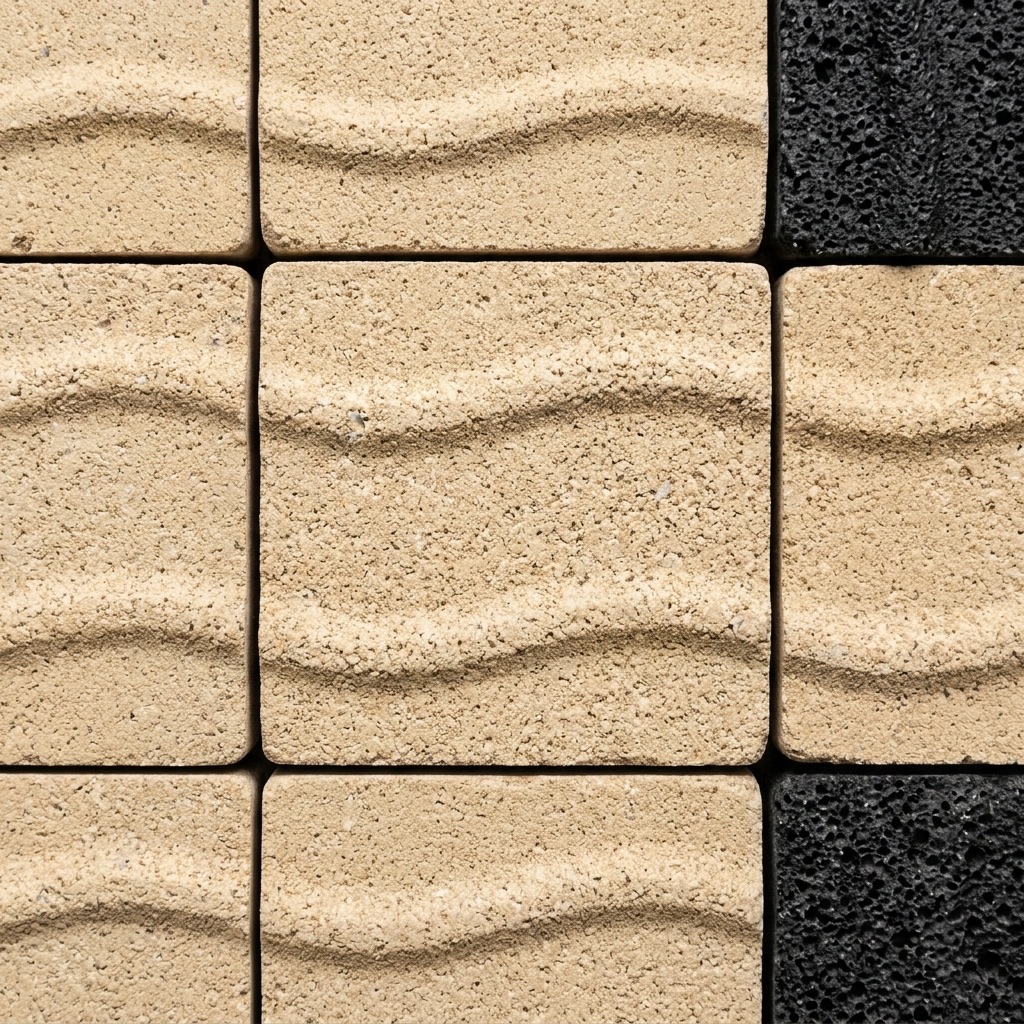 Close-up of VILLAGIO pavers showing the wave-textured face in beige and black